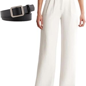 White Wide-Leg Pants with Black Belt